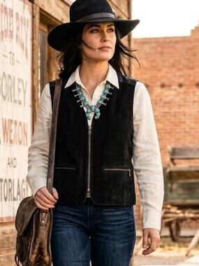 Fibres Black Suede Leather Southwestern Utility Vest Zipper Pockets Western Boho